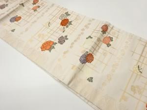 格子に菊・牡丹模様織出し名古屋帯